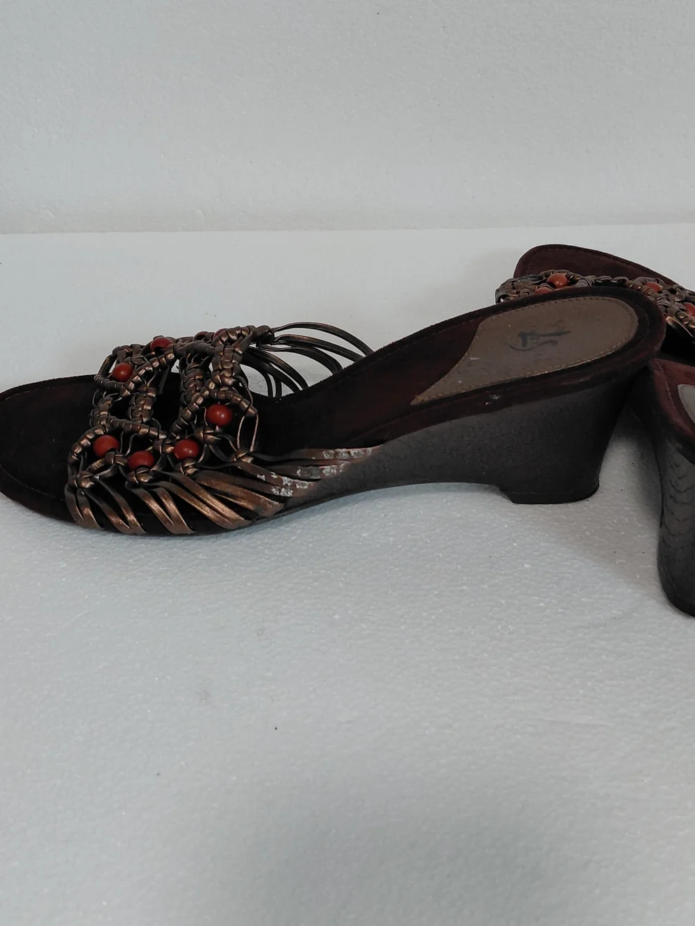 Women's Burgundy Wedge Sandals with Braided Metallic Straps